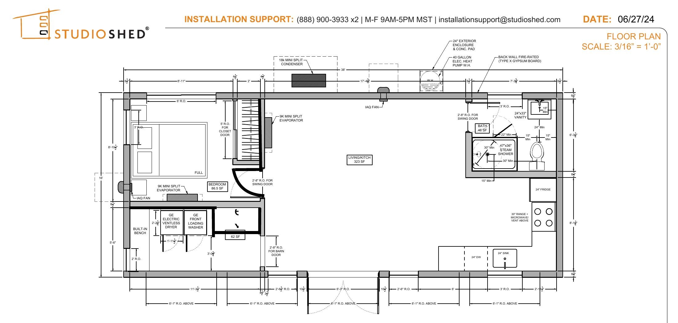 Floor plan of the 608 square foot ADU at 970 Glenwood Drive showing bedroom, living/kitchen, spa bath with steam shower, and laundry area