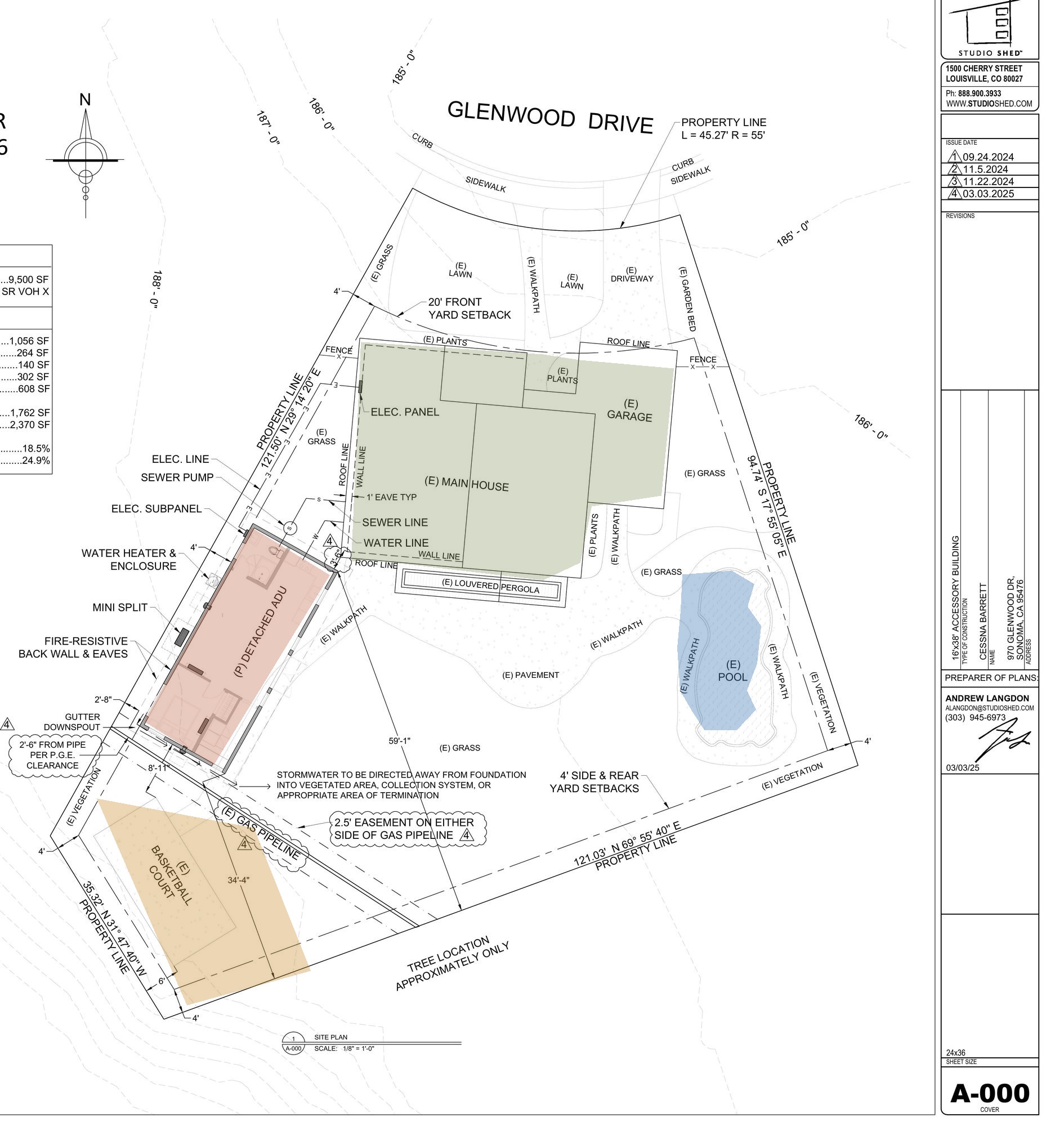 Color-coded site plan showing both residences, pool, and court