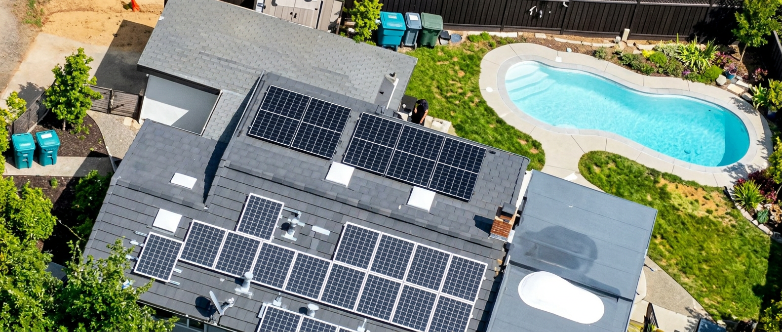 Close-up of the solar-thermal collectors on the upper roof slope at 970 Glenwood Drive that heat the swimming pool below