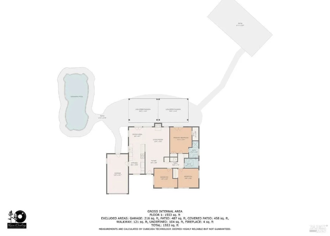 Measured site plan of 970 Glenwood Drive showing the main house, garage, swimming pool, louvered ramadas, and detached patio
