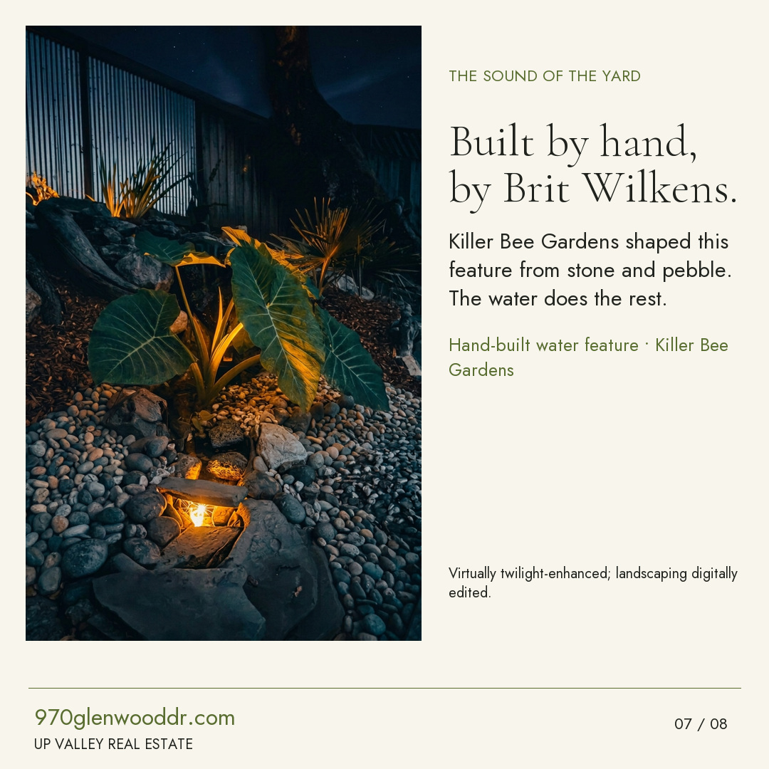 Built by hand, by Brit Wilkens. A hand-built water feature from Killer Bee Gardens, with pebbles and evening lights.