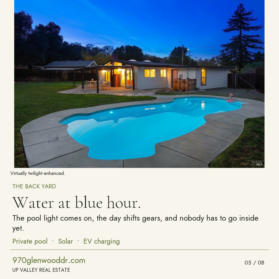 Water at blue hour. The pool light is on with warm house lights behind it, virtually twilight-enhanced.