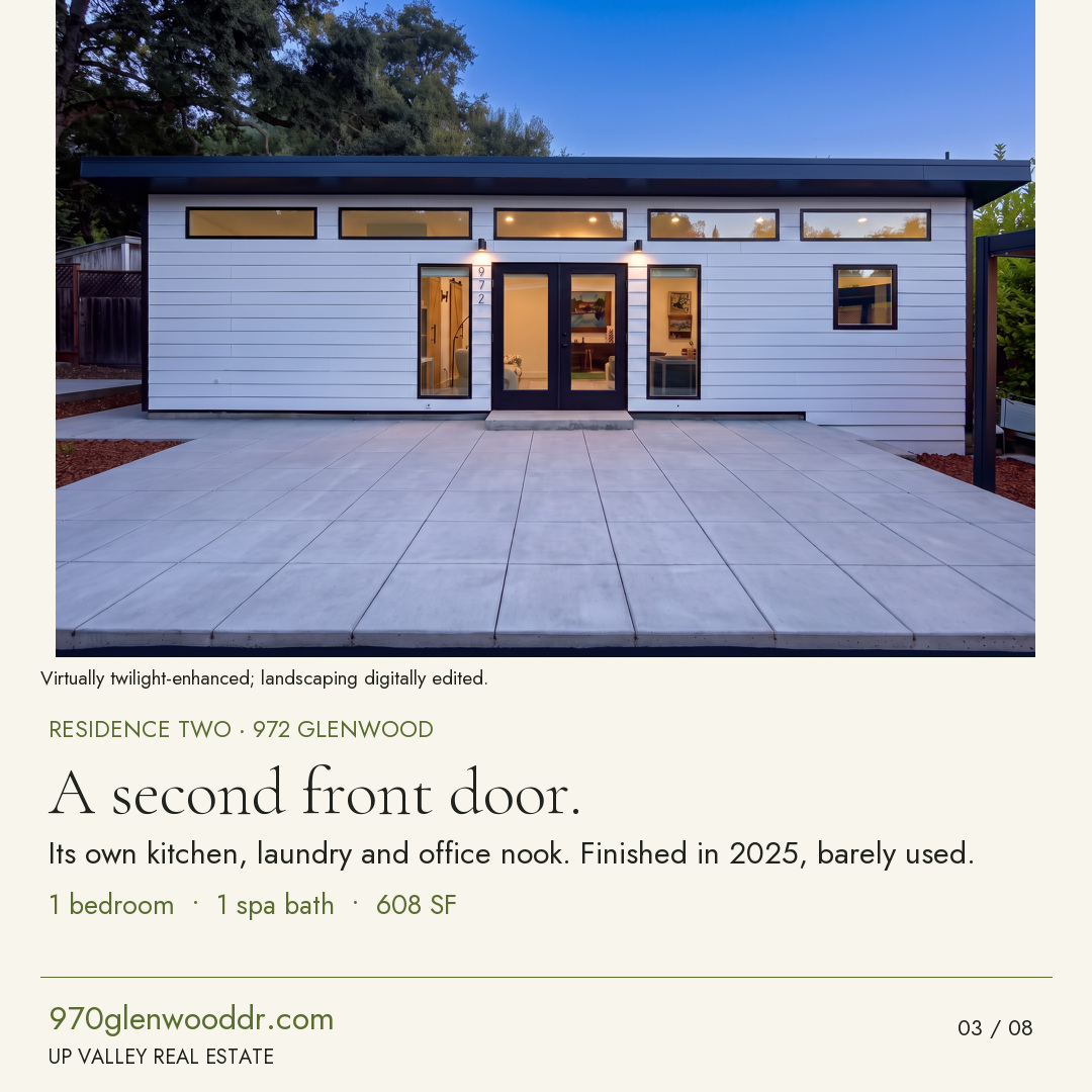 A second front door. Residence Two twilight exterior with its own kitchen, laundry and office nook. One bedroom, one spa bath, 608 SF.