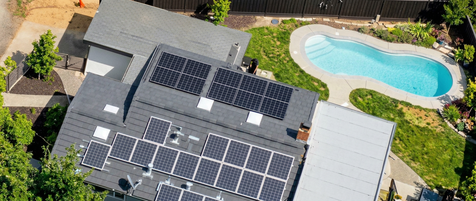 Close-up of the solar-thermal collectors on the upper roof slope at 970 Glenwood Drive that heat the swimming pool below