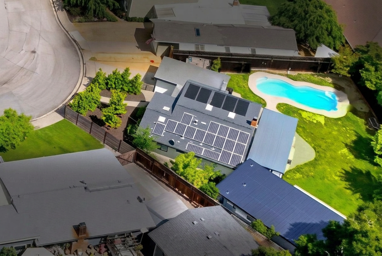 Aerial overview of 970 Glenwood Drive with the surrounding homes faded out, showing both rooftop solar areas and the pool
